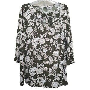 Chico’s Olive Green Floral Print Twist Neck 3/4 Sleeve Stretchy Tunic Size 2 LGE